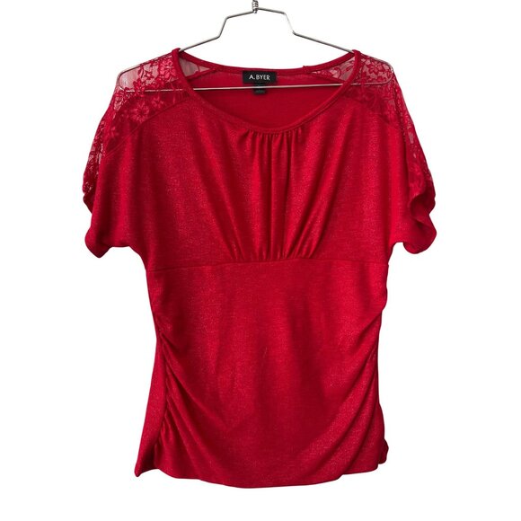 A Byer Blouse Size XL Sheer Floral Lace Shoulder Trim Ruched Knit Red Metallic - Picture 1 of 7